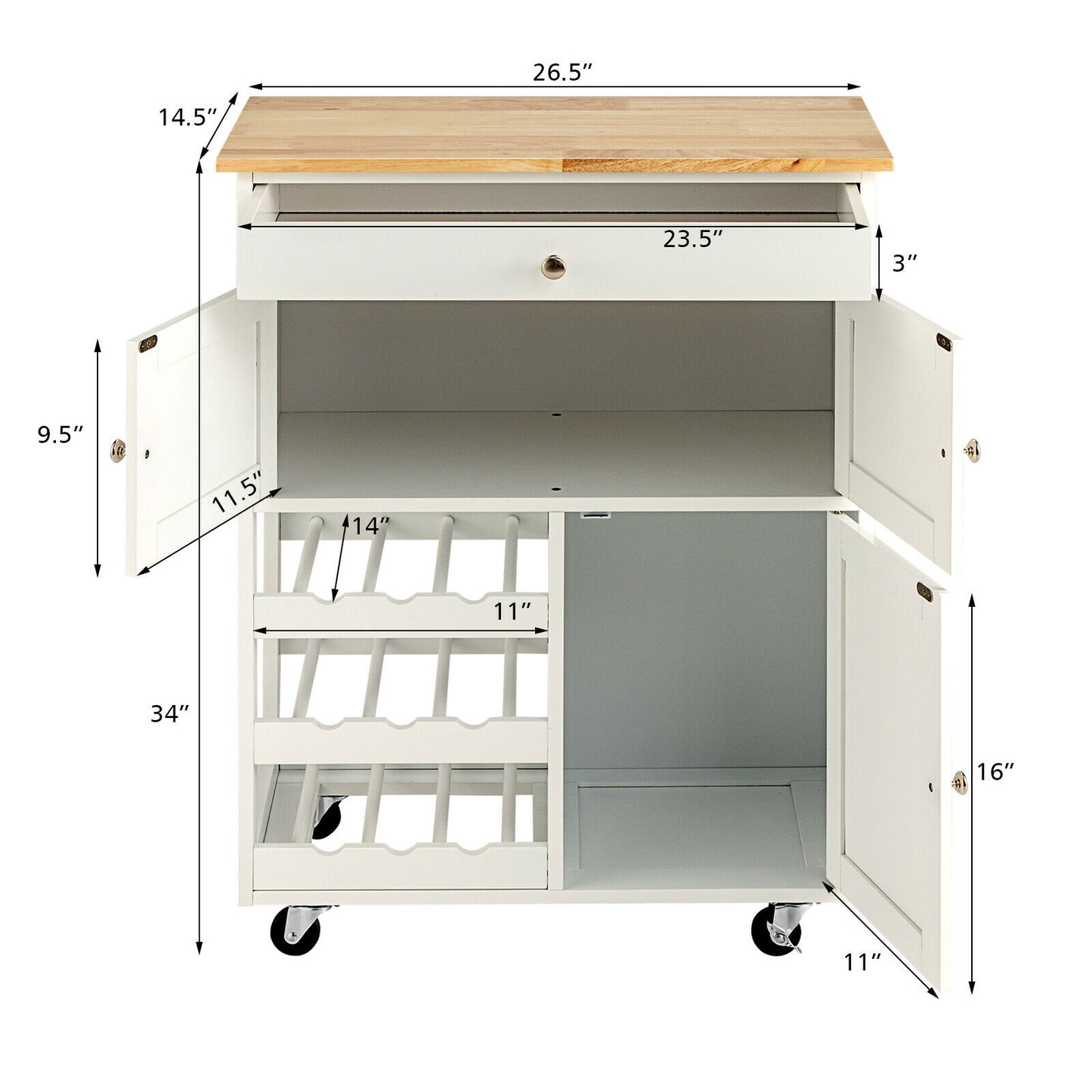 Rolling Kitchen Island Cart with Rubber Wood Top, Wine Rack, Drawer and Storage Cabinets - White
