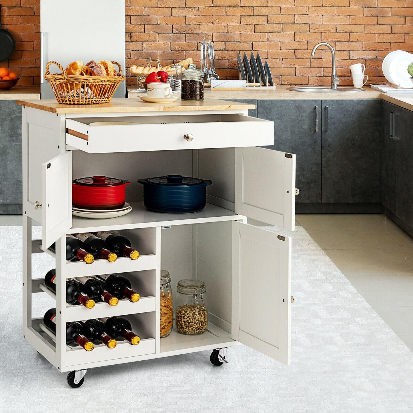 Rolling Kitchen Island Cart with Rubber Wood Top, Wine Rack, Drawer and Storage Cabinets - White