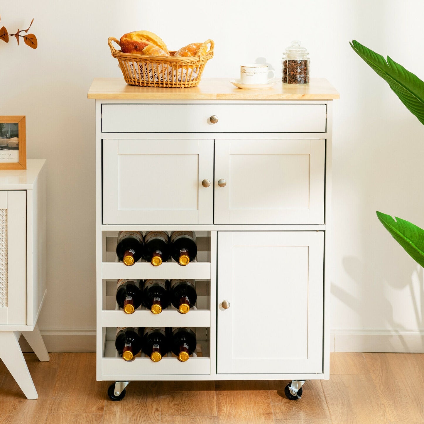 Rolling Kitchen Island Cart with Rubber Wood Top, Wine Rack, Drawer and Storage Cabinets - White