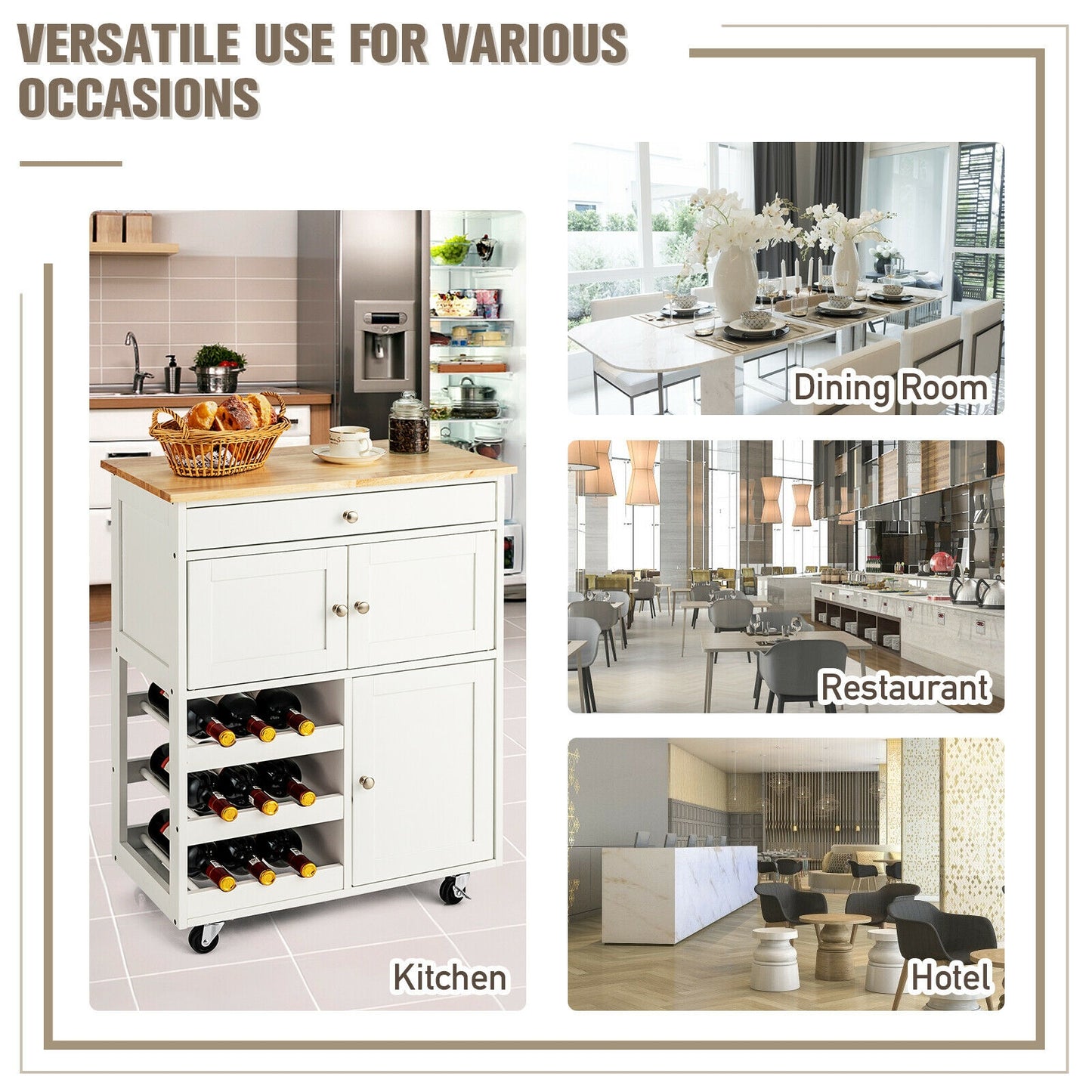 Rolling Kitchen Island Cart with Rubber Wood Top, Wine Rack, Drawer and Storage Cabinets - White