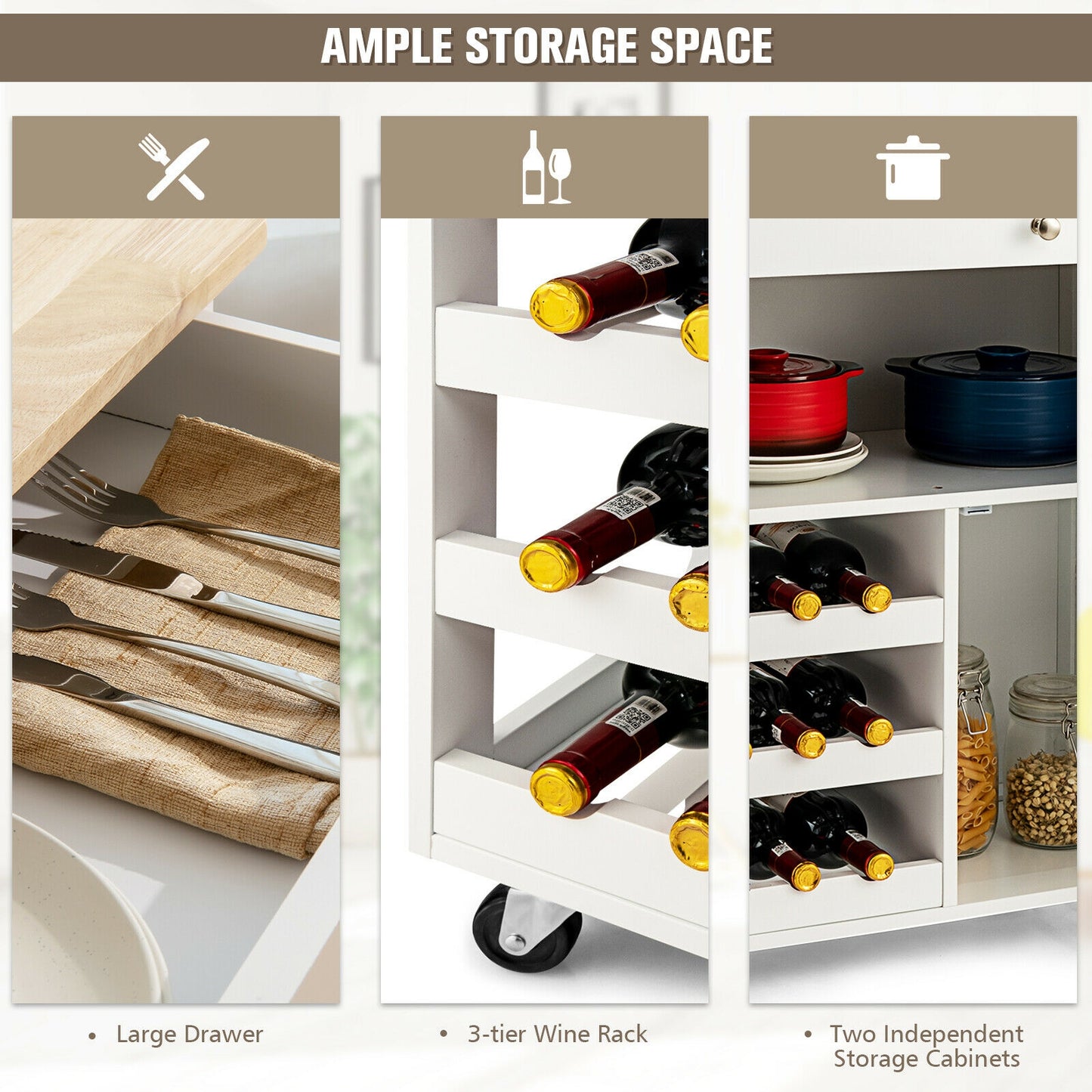 Kitchen storage cart with large drawer, wine rack, and storage cabinets.