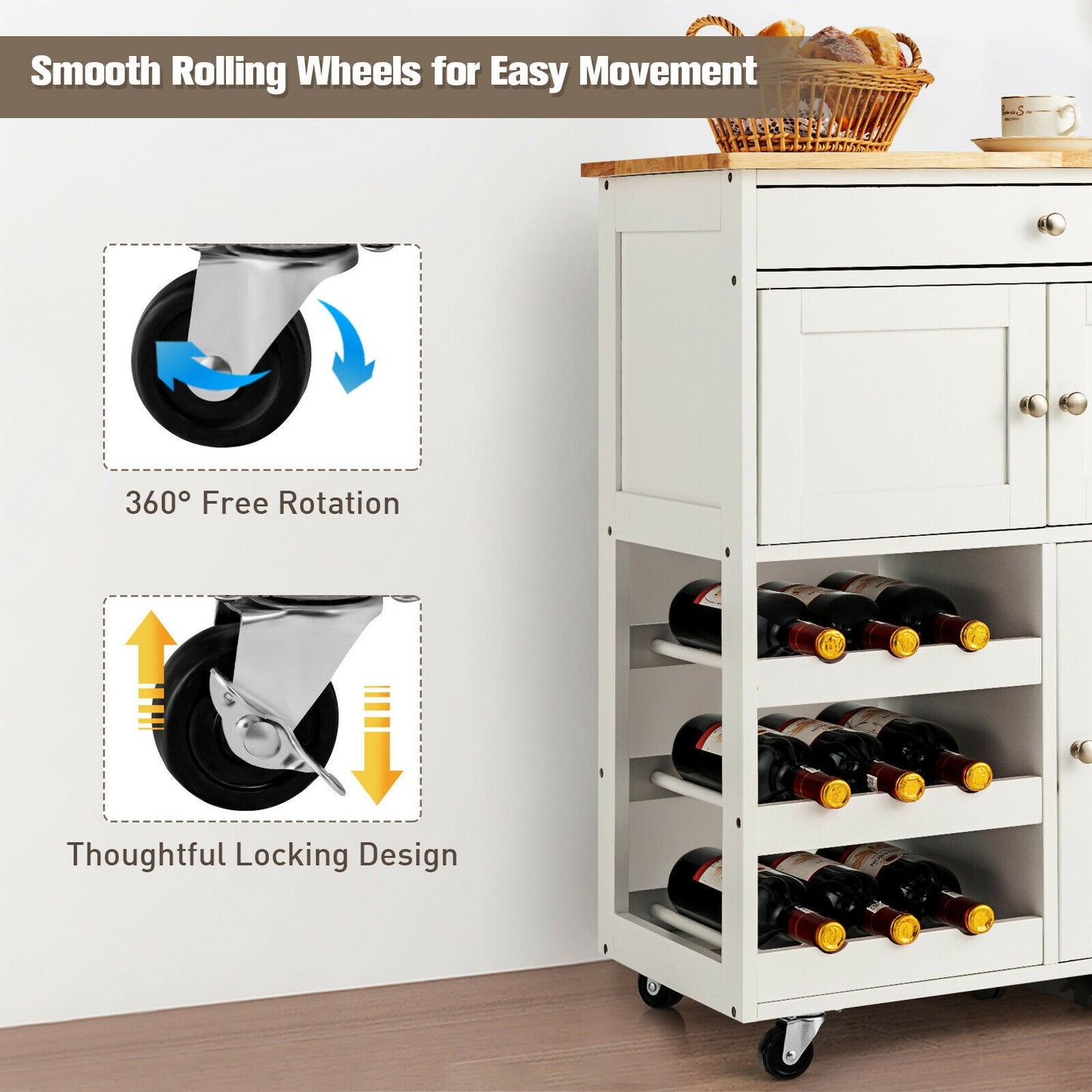 Rolling Kitchen Island Cart with Rubber Wood Top, Wine Rack, Drawer and Storage Cabinets - White