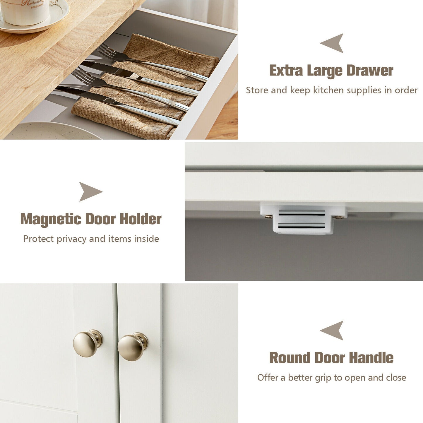 Rolling Kitchen Island Cart with Rubber Wood Top, Wine Rack, Drawer and Storage Cabinets - White