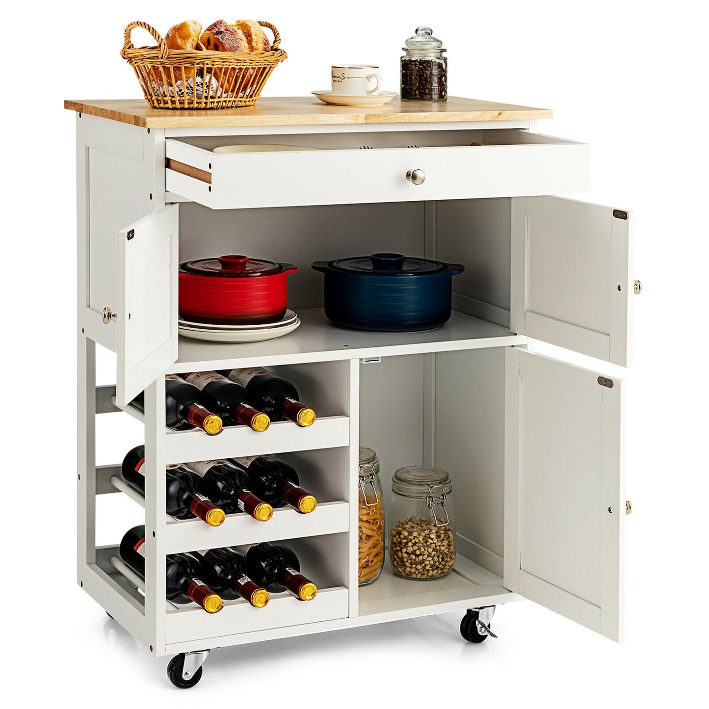 Rolling Kitchen Island Cart with Rubber Wood Top, Wine Rack, Drawer and Storage Cabinets - White