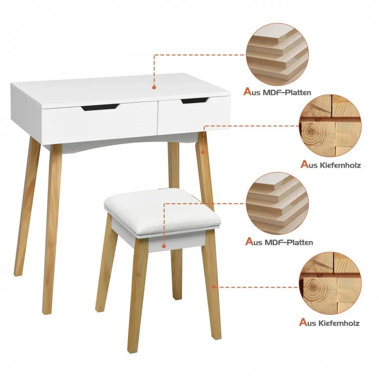 Wooden Vanity Table Set with Flip Top Mirror, Storage Drawer & Cushioned Stool