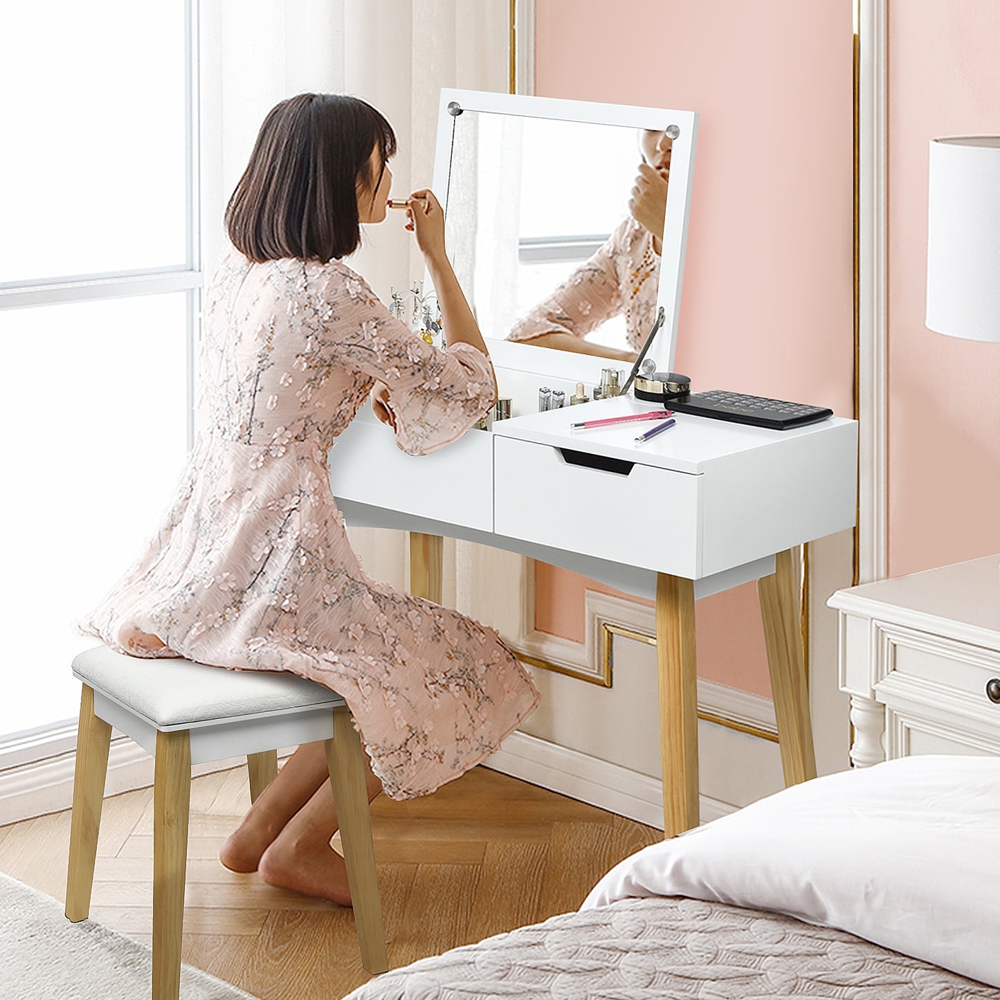 Wooden Vanity Table Set with Flip Top Mirror, Storage Drawer & Cushioned Stool