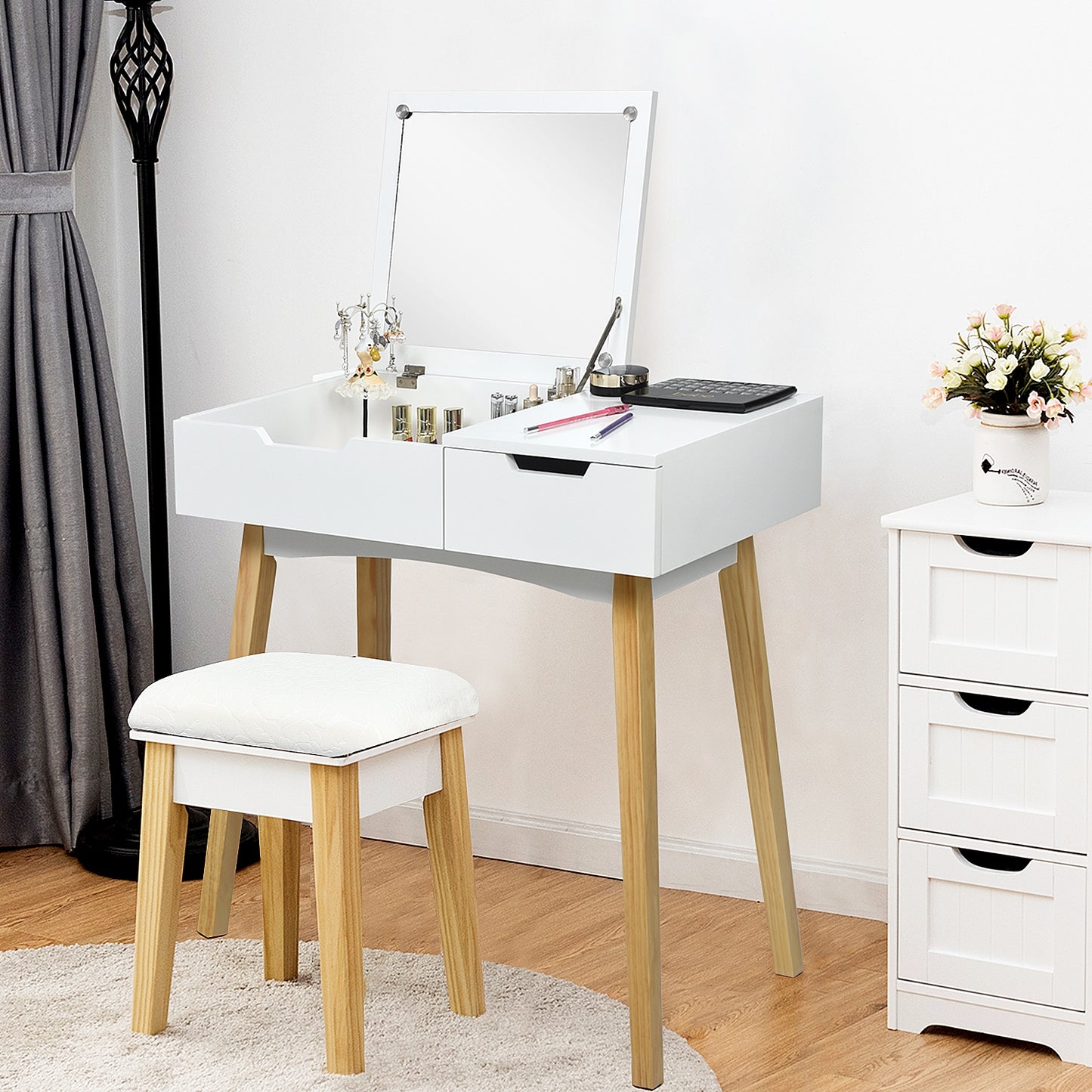 Wooden Vanity Table Set with Flip Top Mirror, Storage Drawer & Cushioned Stool