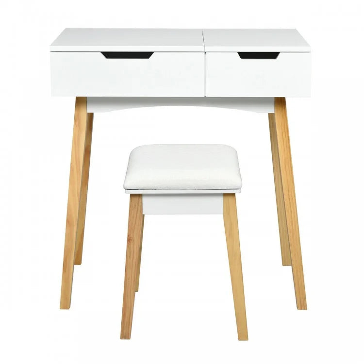 Wooden Vanity Table Set with Flip Top Mirror, Storage Drawer & Cushioned Stool
