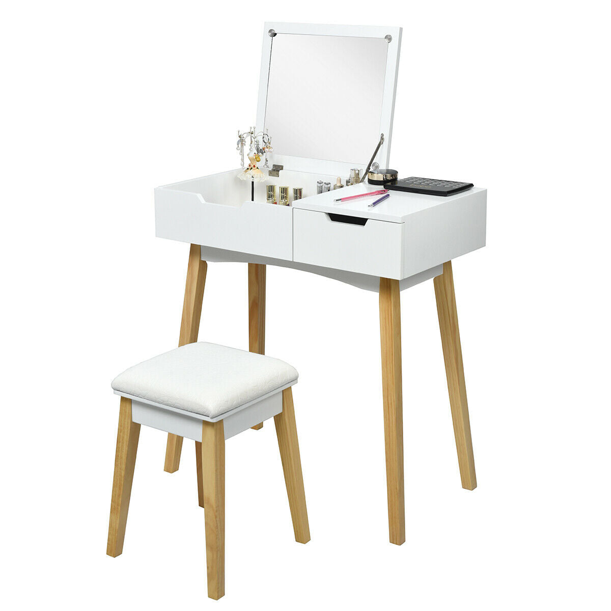 Wooden Vanity Table Set with Flip Top Mirror, Storage Drawer & Cushioned Stool
