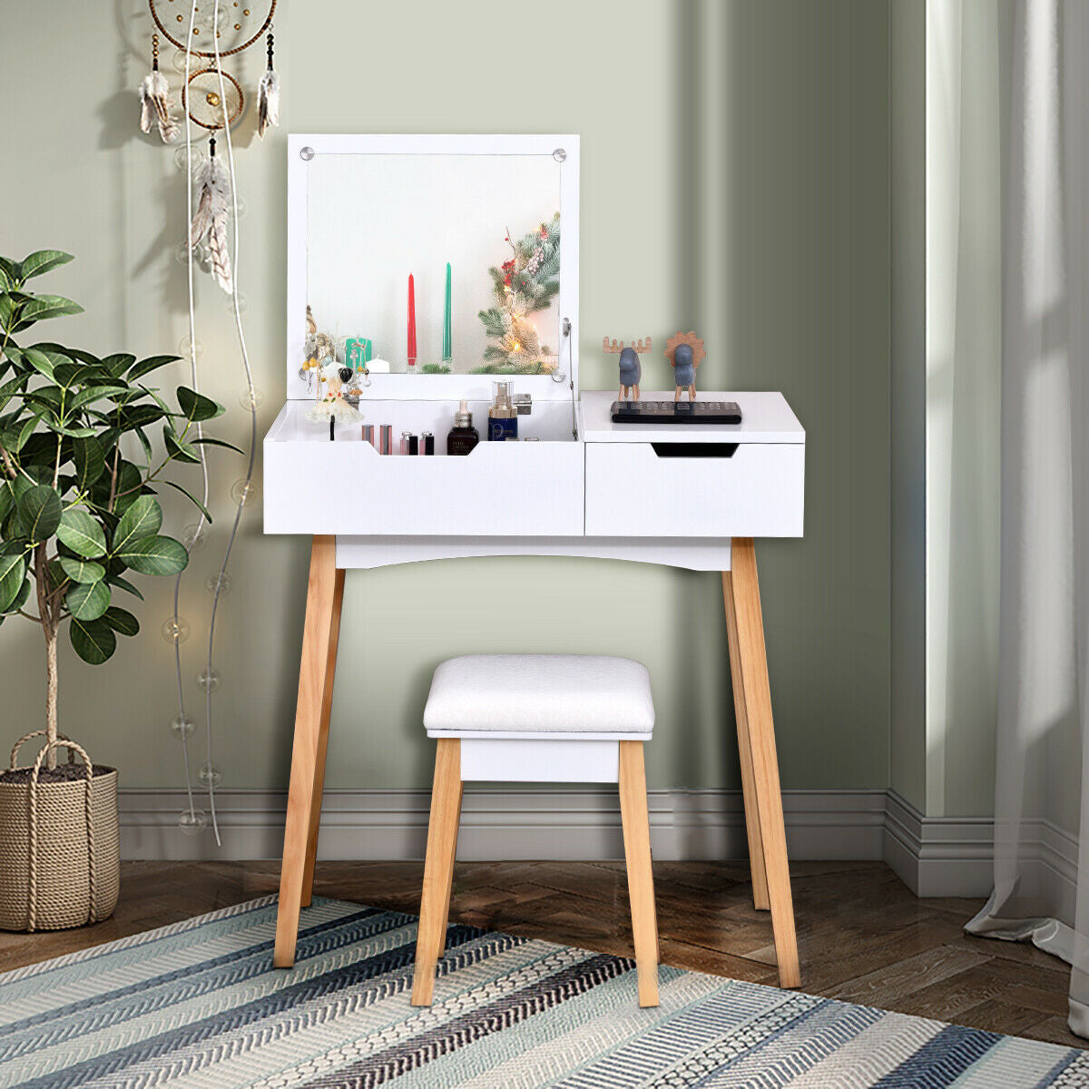 Wooden Vanity Table Set with Flip Top Mirror, Storage Drawer & Cushioned Stool