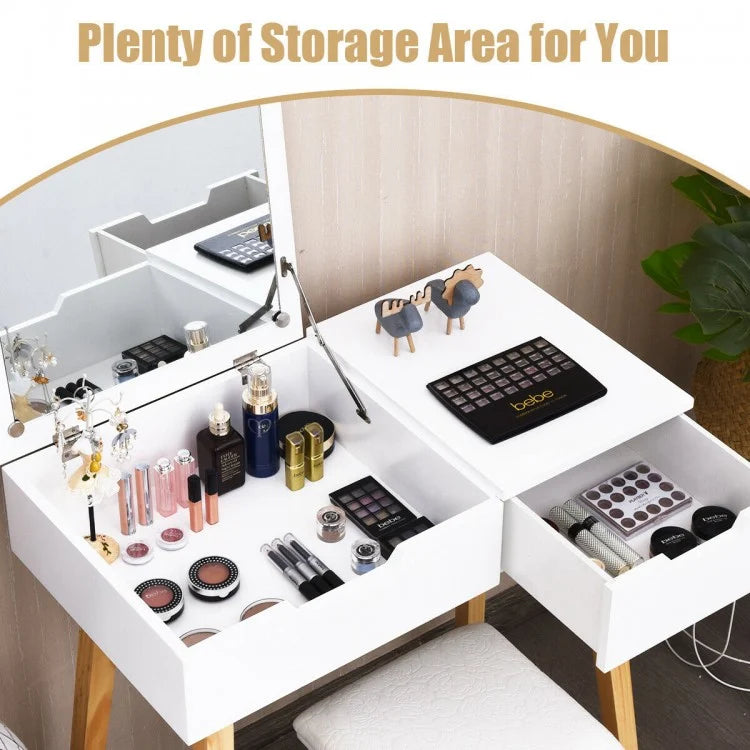 Wooden Vanity Table Set with Flip Top Mirror, Storage Drawer & Cushioned Stool