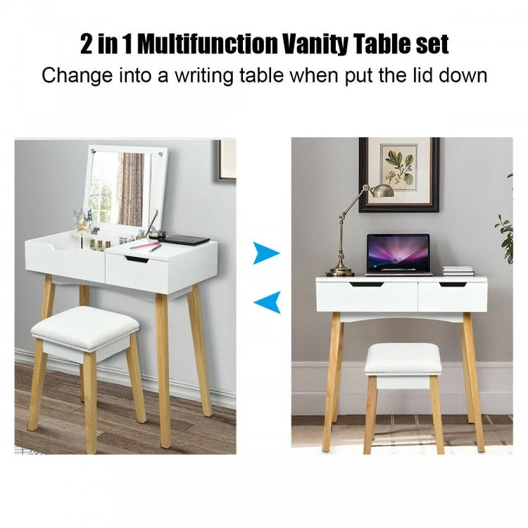 Wooden Vanity Table Set with Flip Top Mirror, Storage Drawer & Cushioned Stool