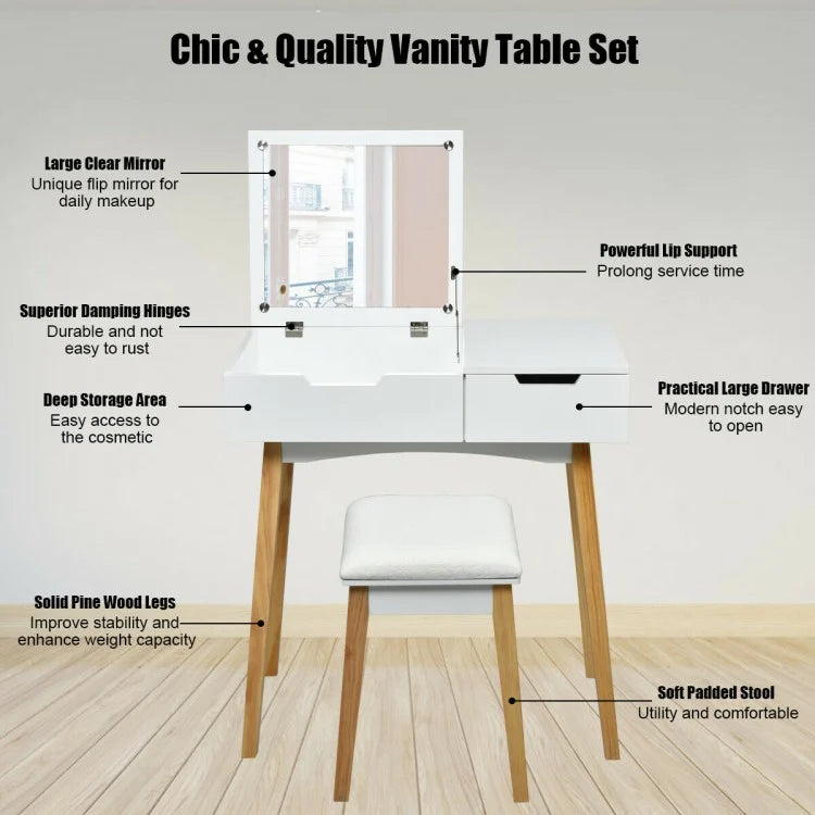 Wooden Vanity Table Set with Flip Top Mirror, Storage Drawer & Cushioned Stool