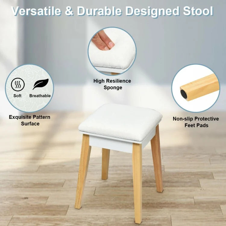 Wooden Vanity Table Set with Flip Top Mirror, Storage Drawer & Cushioned Stool
