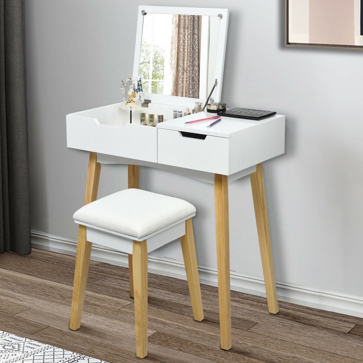 Wooden Vanity Table Set with Flip Top Mirror, Storage Drawer & Cushioned Stool