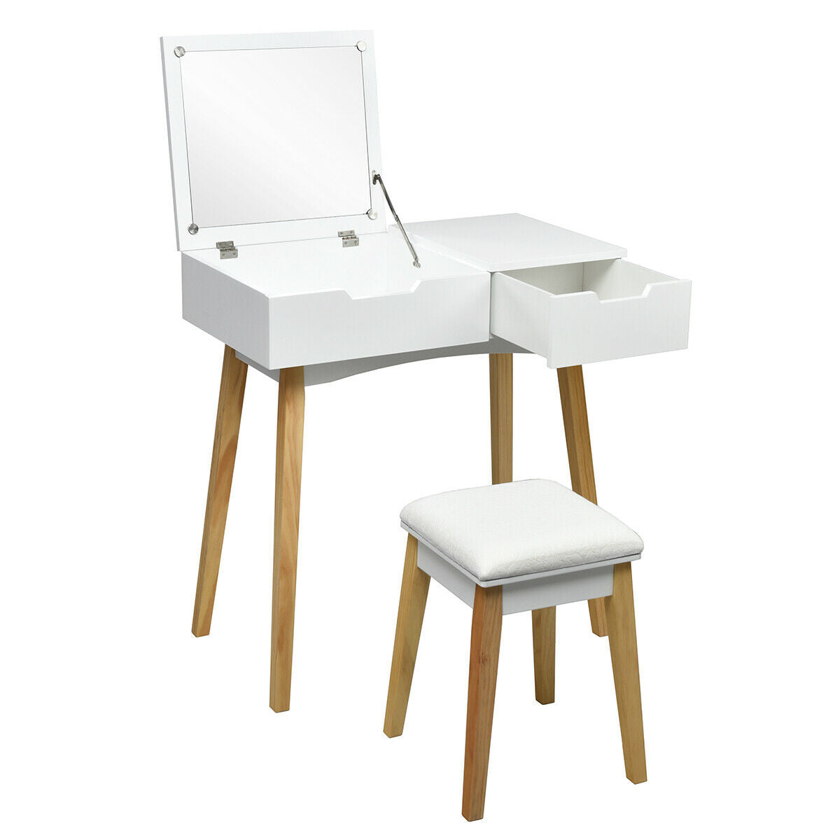 Wooden Vanity Table Set with Flip Top Mirror, Storage Drawer & Cushioned Stool