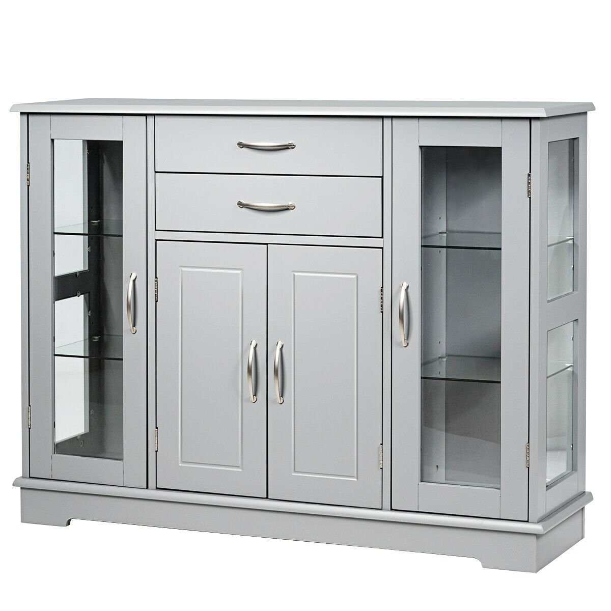 Modern Sideboard Buffet Cabinet with Drawers and Glass Doors for Kitchen or Dining Room Storage in Grey