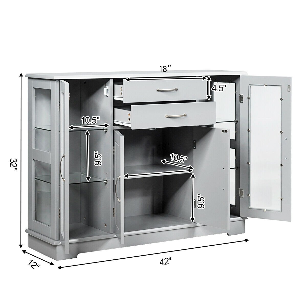 Modern Sideboard Buffet Cabinet with Drawers and Glass Doors for Kitchen or Dining Room Storage in Grey