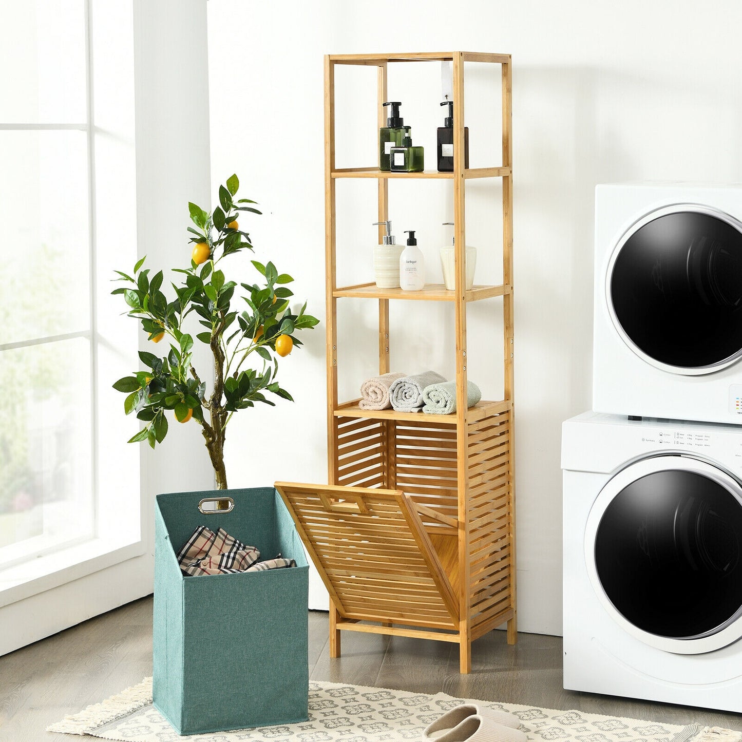 Bamboo 2-in-1 Tilt Out Laundry Hamper with 3 Tier Storage Shelf