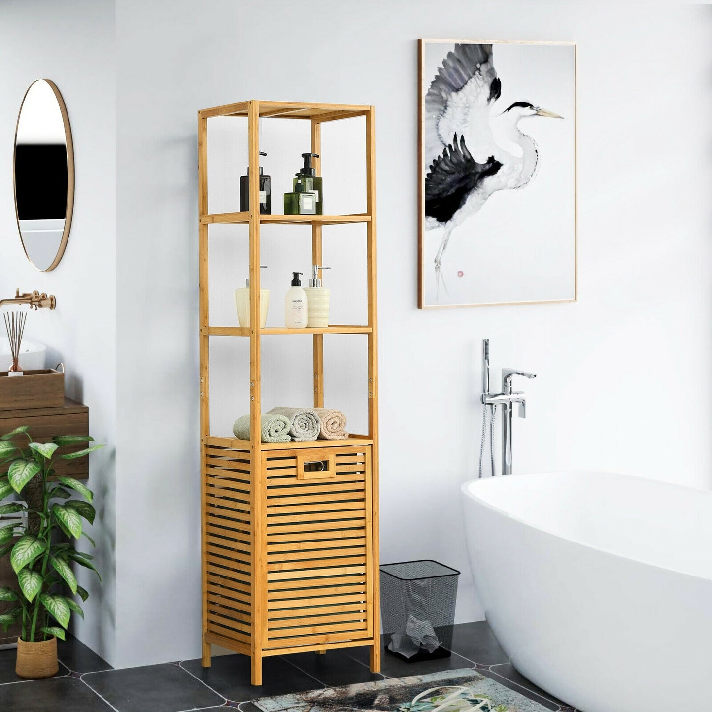 Bamboo 2-in-1 Tilt Out Laundry Hamper with 3 Tier Storage Shelf