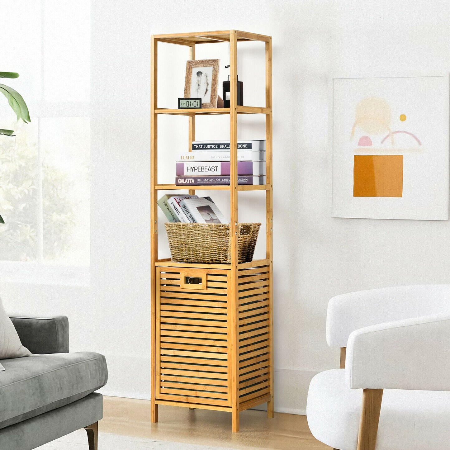 Bamboo 2-in-1 Tilt Out Laundry Hamper with 3 Tier Storage Shelf