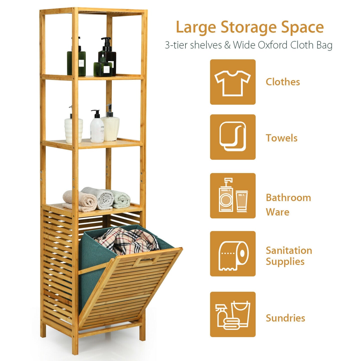 Bamboo 2-in-1 Tilt Out Laundry Hamper with 3 Tier Storage Shelf