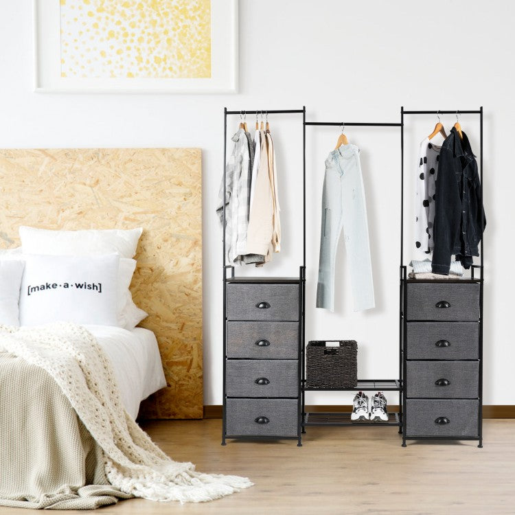 8-Drawer Multifunctional Dresser with Hanging Rod & Metal Storage Rack