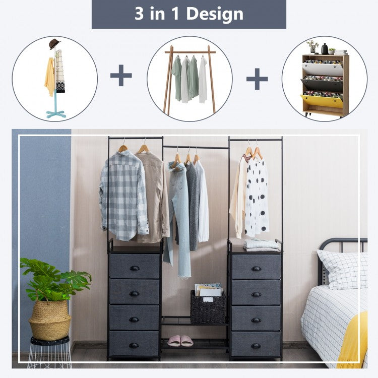 8-Drawer Multifunctional Dresser with Hanging Rod & Metal Storage Rack