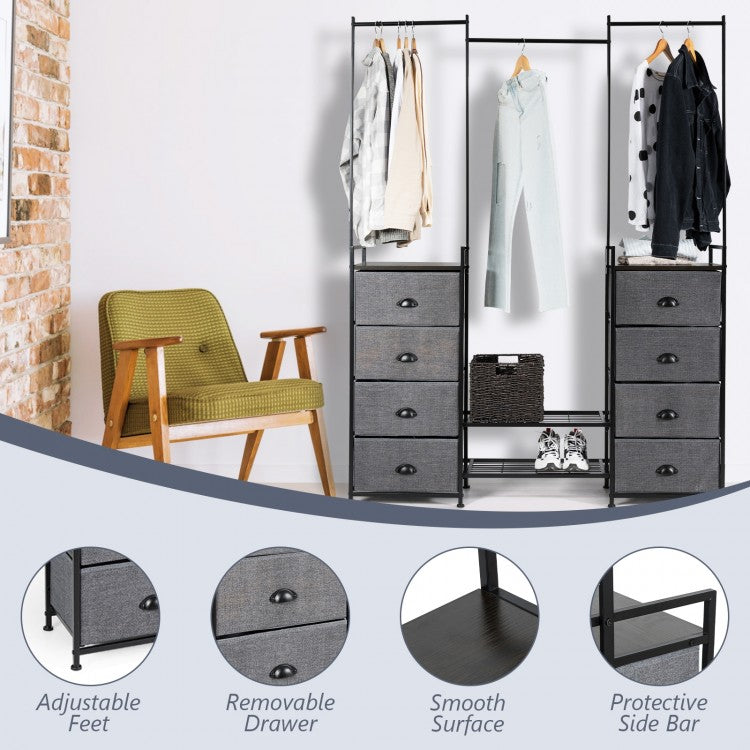 8-Drawer Multifunctional Dresser with Hanging Rod & Metal Storage Rack