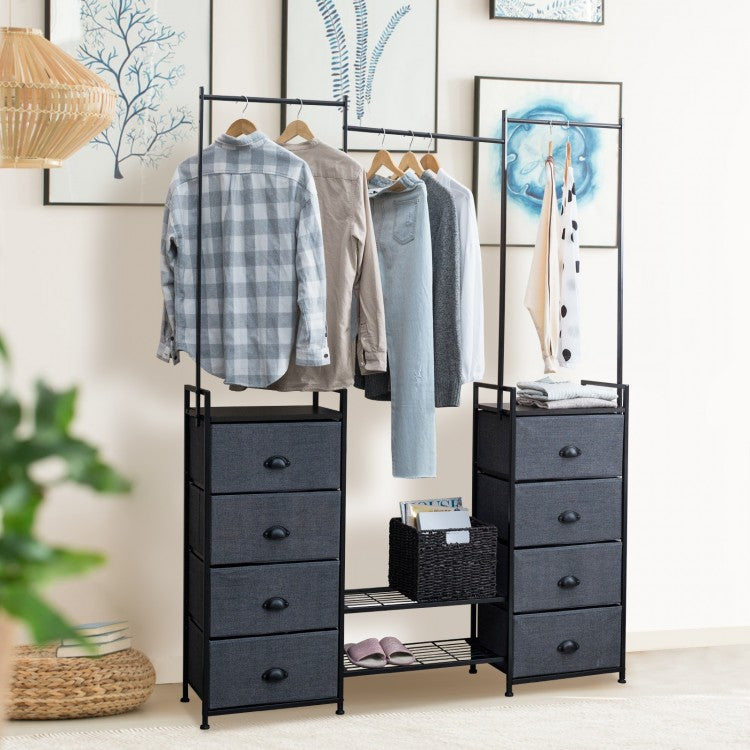 8-Drawer Multifunctional Dresser with Hanging Rod & Metal Storage Rack