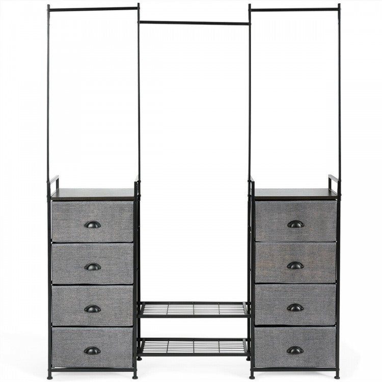 8-Drawer Multifunctional Dresser with Hanging Rod & Metal Storage Rack