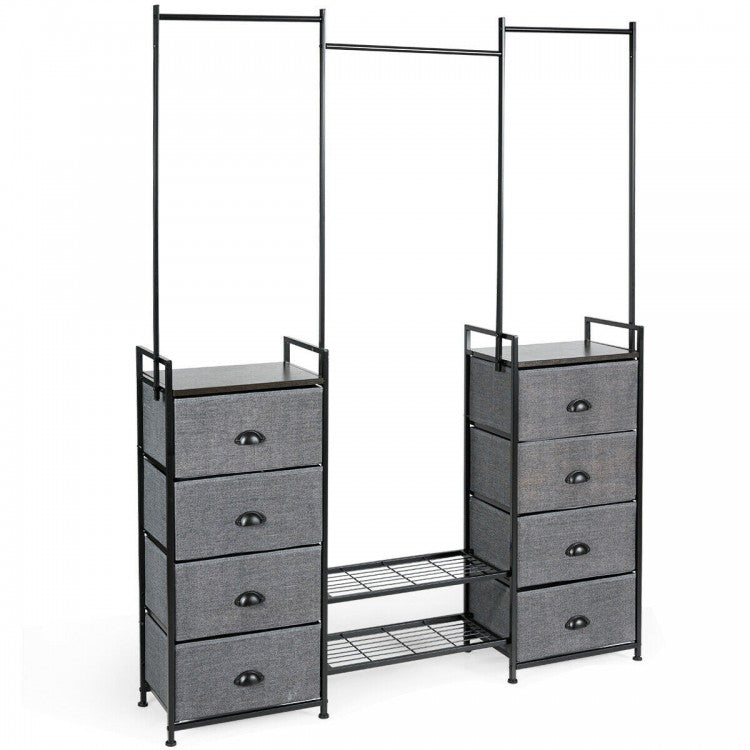 8-Drawer Multifunctional Dresser with Hanging Rod & Metal Storage Rack