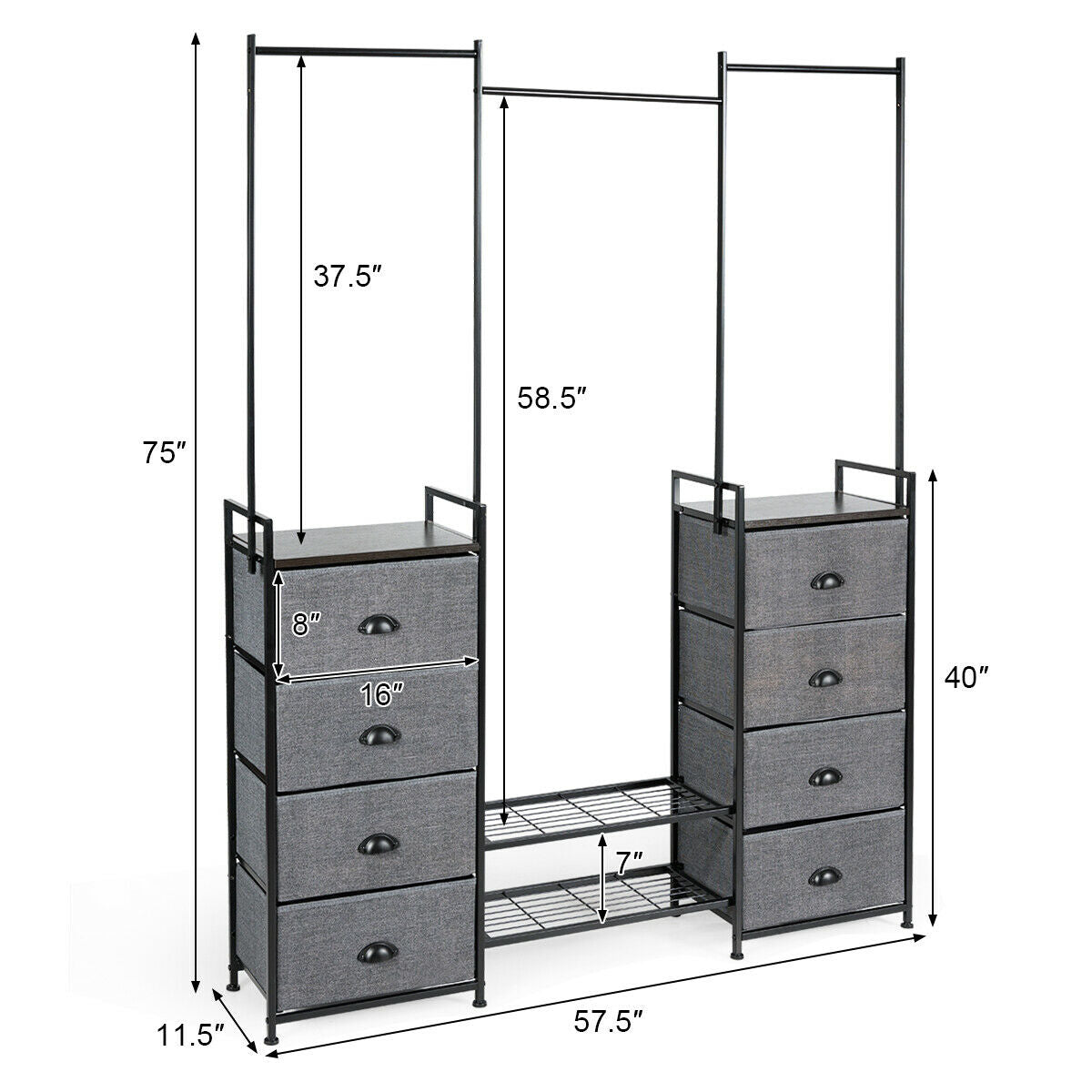 8-Drawer Multifunctional Dresser with Hanging Rod & Metal Storage Rack