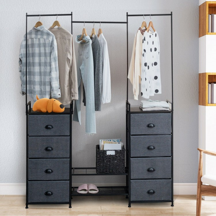 8-Drawer Multifunctional Dresser with Hanging Rod & Metal Storage Rack