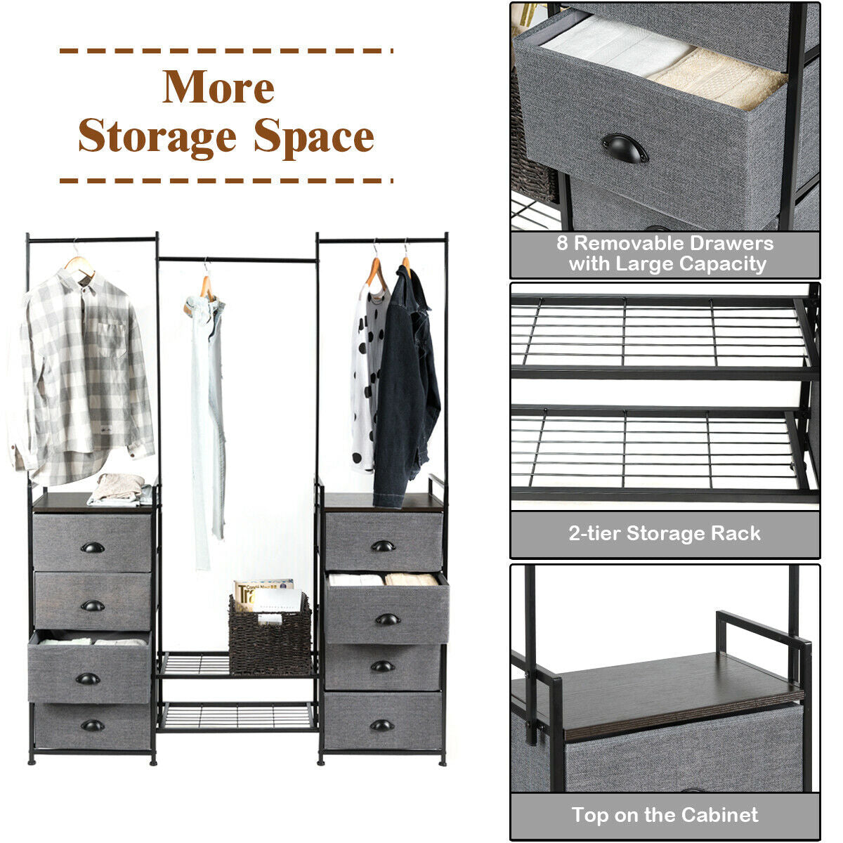 8-Drawer Multifunctional Dresser with Hanging Rod & Metal Storage Rack
