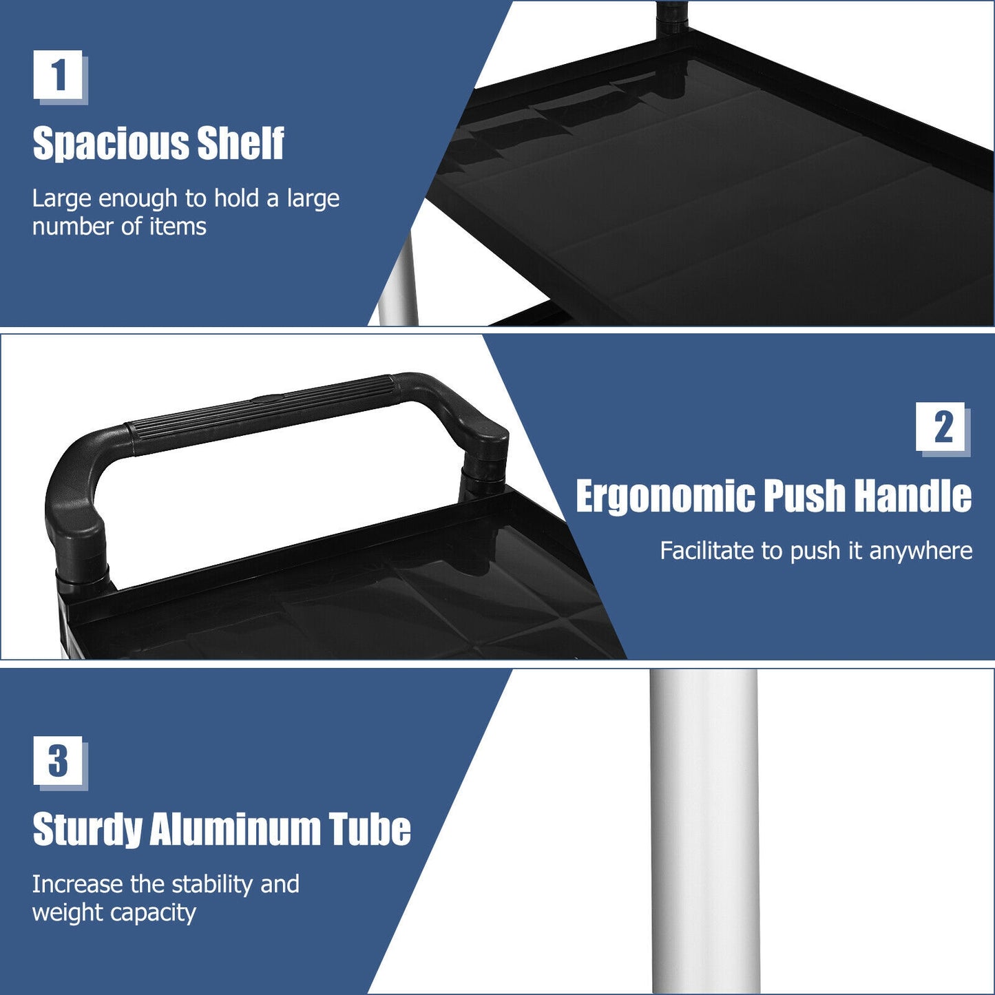 3-Tier Utility Cart with Durable Aluminum Frame and Lockable Wheels