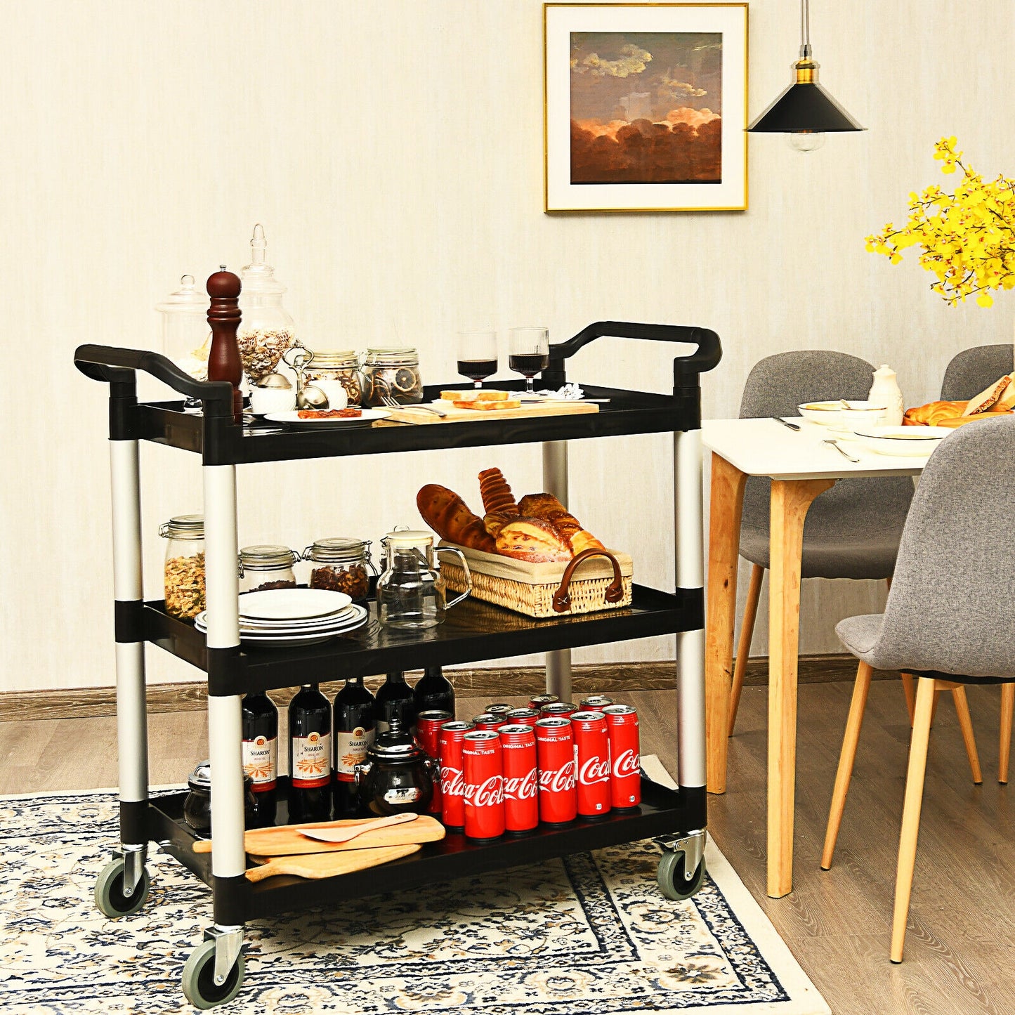 3-Tier Utility Cart with Durable Aluminum Frame and Lockable Wheels