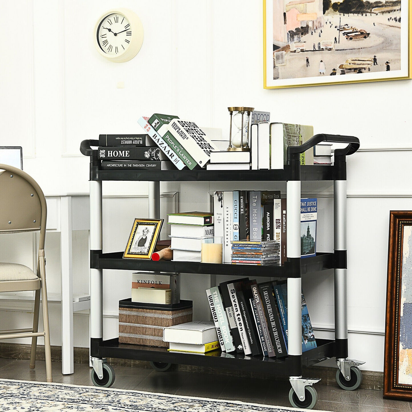 3-Tier Utility Cart with Durable Aluminum Frame and Lockable Wheels