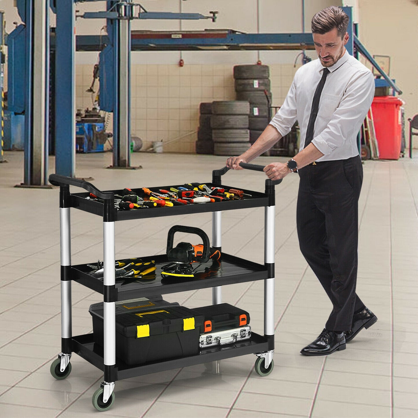 3-Tier Utility Cart with Durable Aluminum Frame and Lockable Wheels
