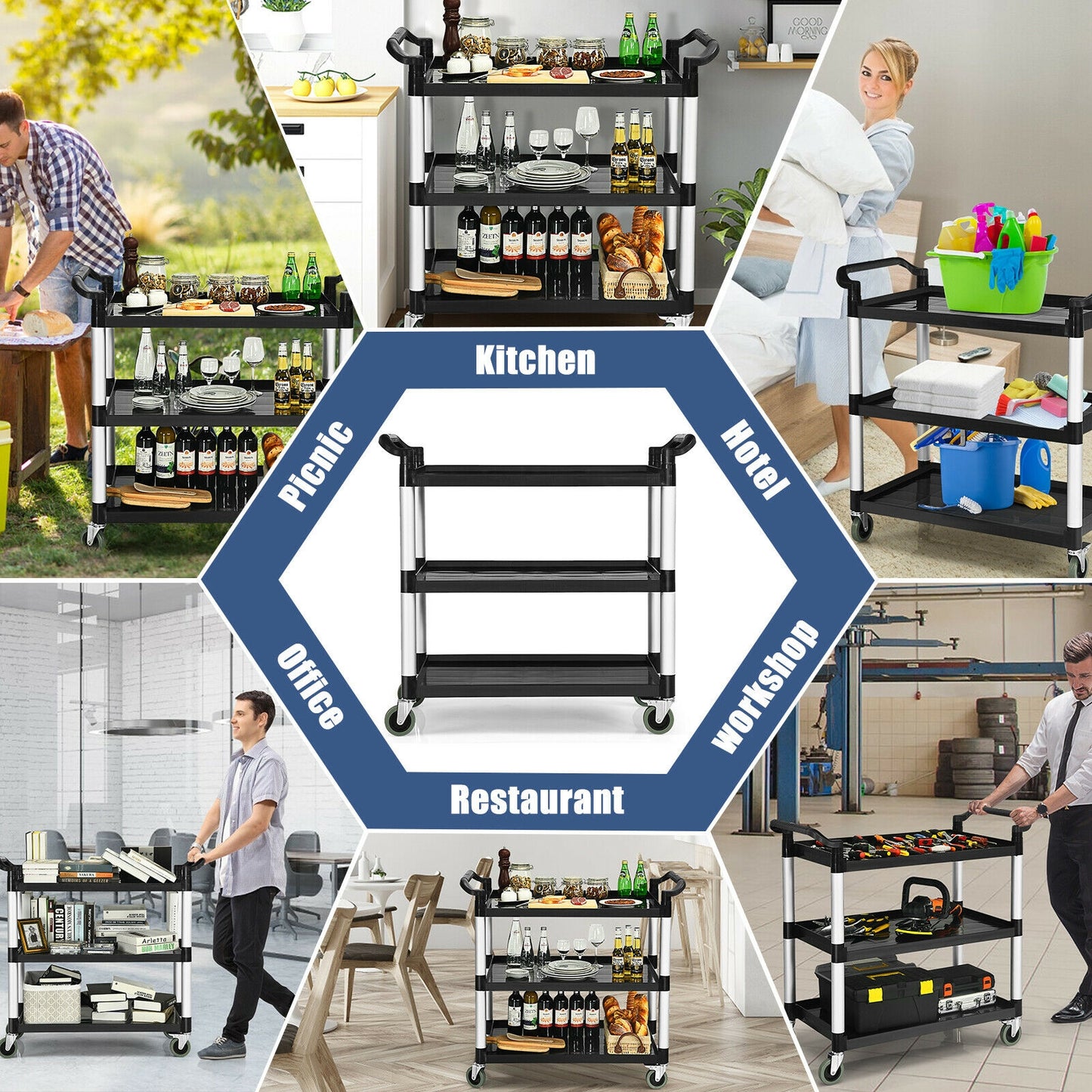 3-Tier Utility Cart with Durable Aluminum Frame and Lockable Wheels