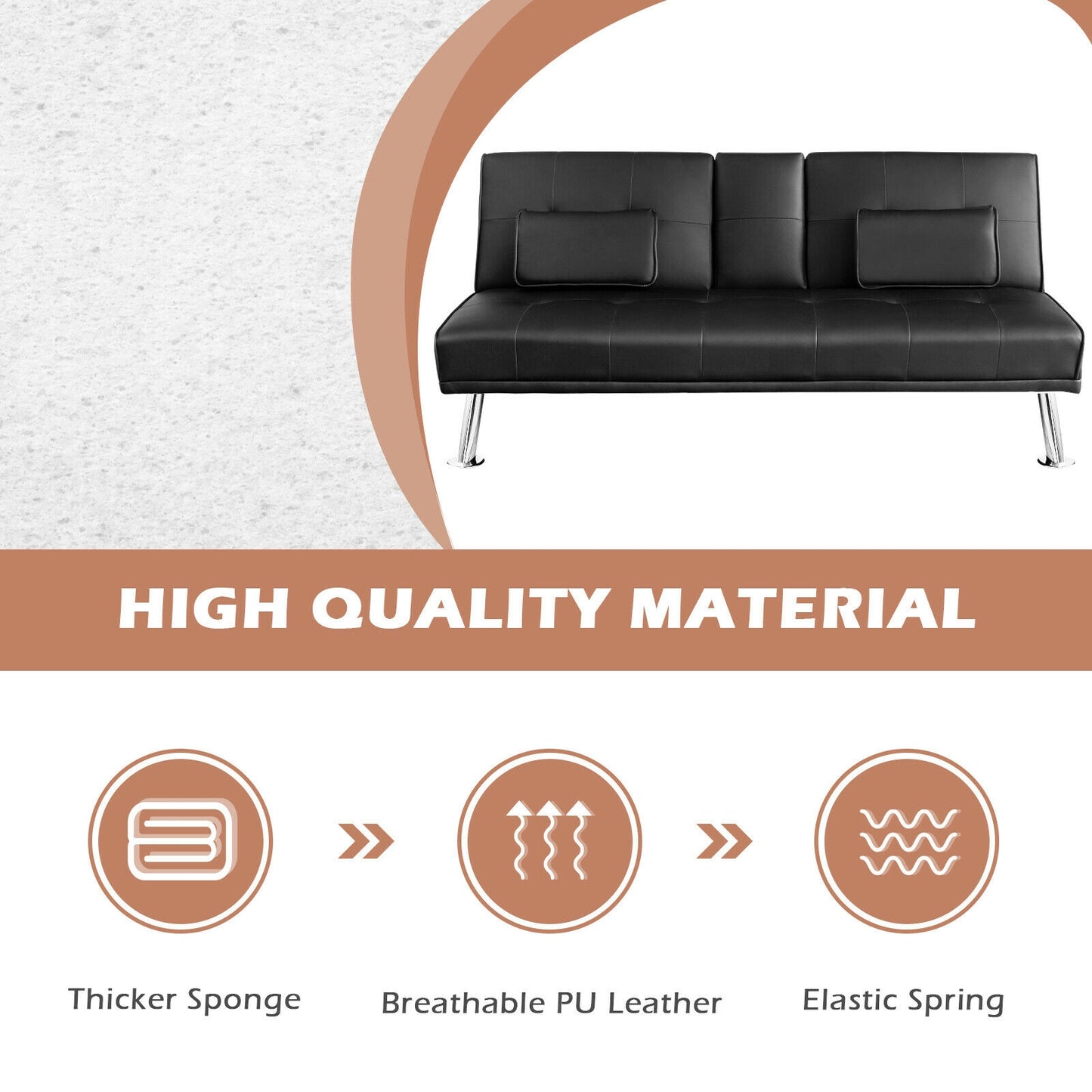 3-in-1 Convertible Leather Futon Sofa Bed with Cup Holders and Armrests – Black