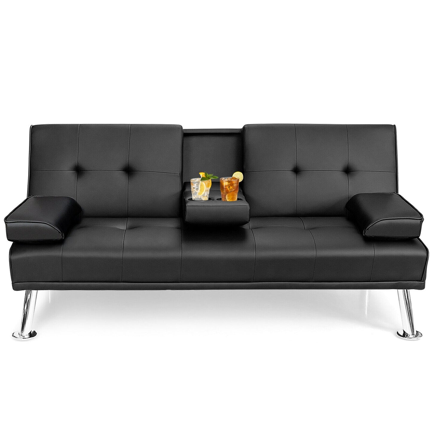 3-in-1 Convertible Leather Futon Sofa Bed with Cup Holders and Armrests – Black