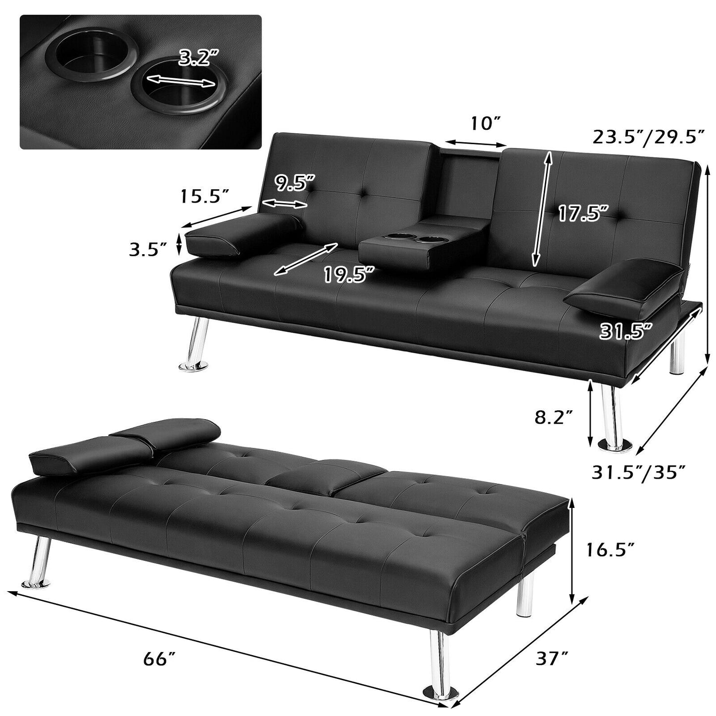 3-in-1 Convertible Leather Futon Sofa Bed with Cup Holders and Armrests – Black