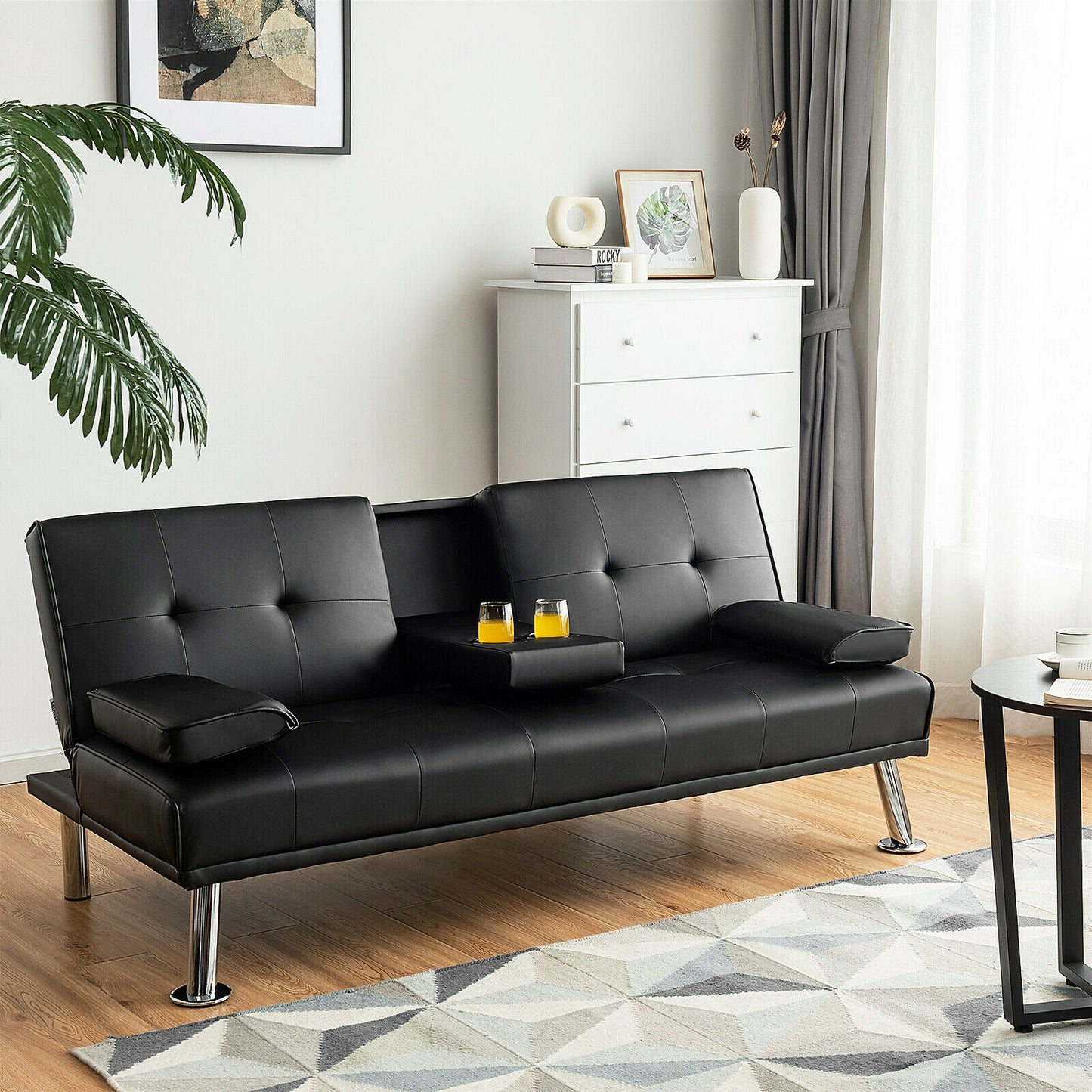 3-in-1 Convertible Leather Futon Sofa Bed with Cup Holders and Armrests – Black