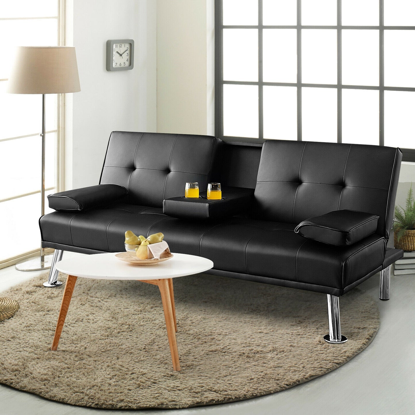 3-in-1 Convertible Leather Futon Sofa Bed with Cup Holders and Armrests – Black
