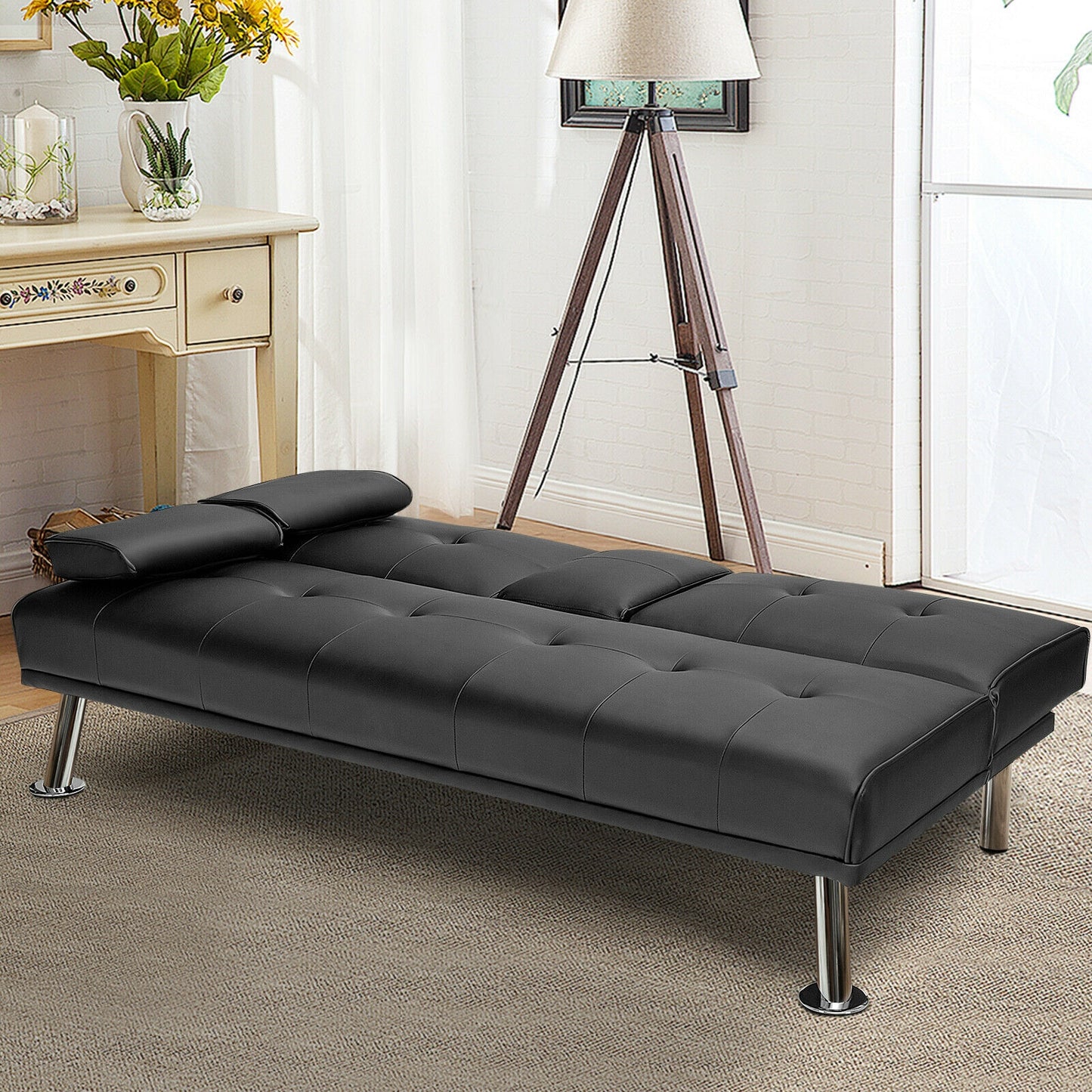 3-in-1 Convertible Leather Futon Sofa Bed with Cup Holders and Armrests – Black
