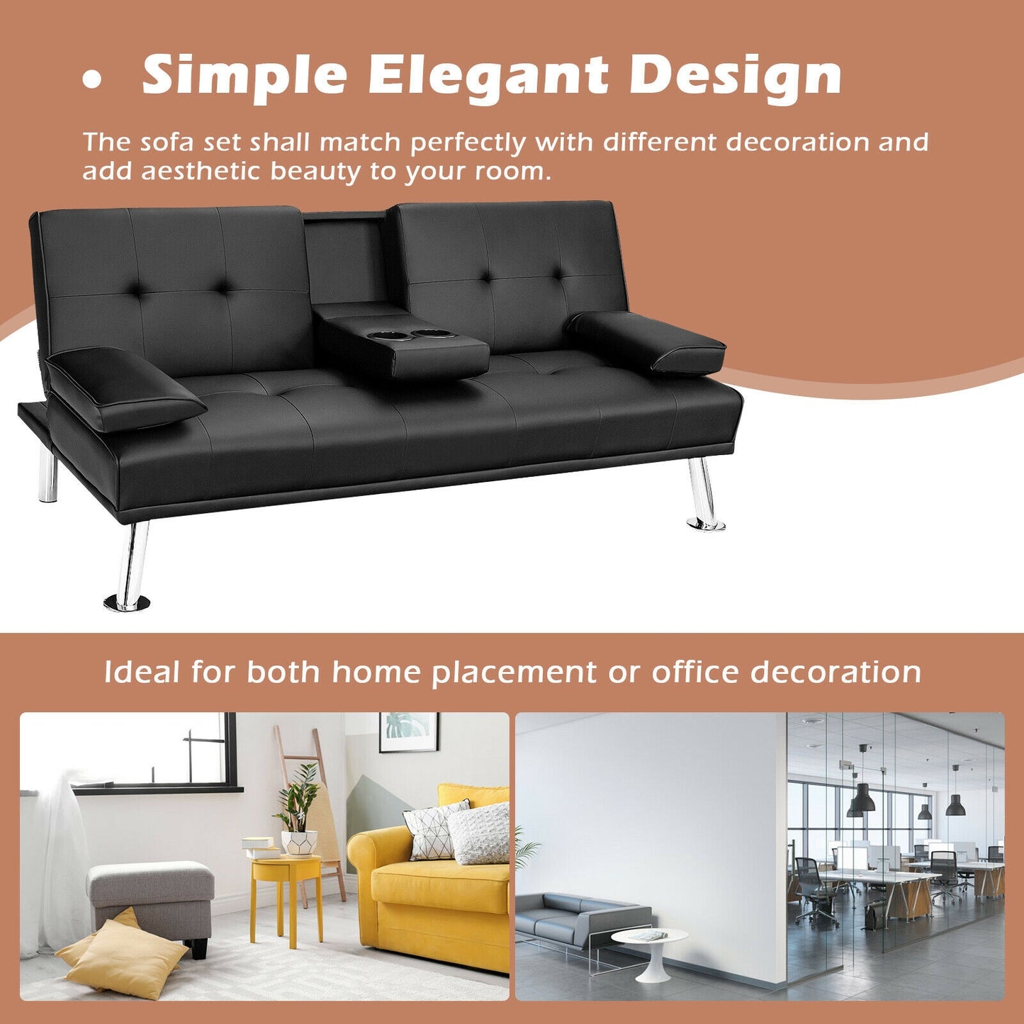 3-in-1 Convertible Leather Futon Sofa Bed with Cup Holders and Armrests – Black