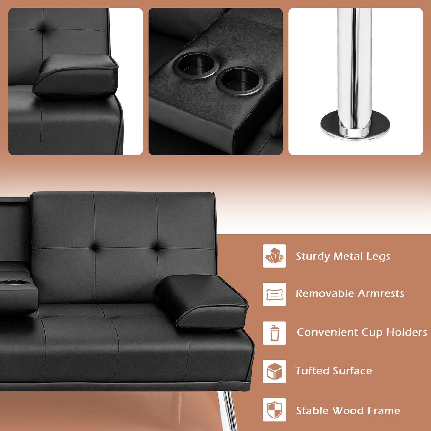 3-in-1 Convertible Leather Futon Sofa Bed with Cup Holders and Armrests – Black
