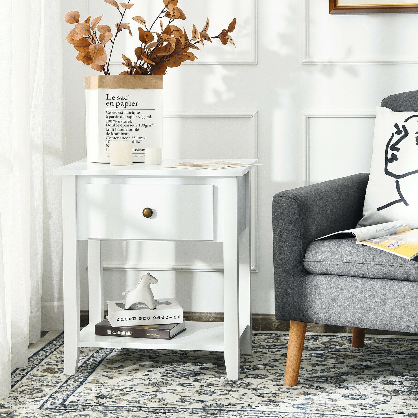 Versatile Bedside Table with Storage Drawer and Display Shelf White