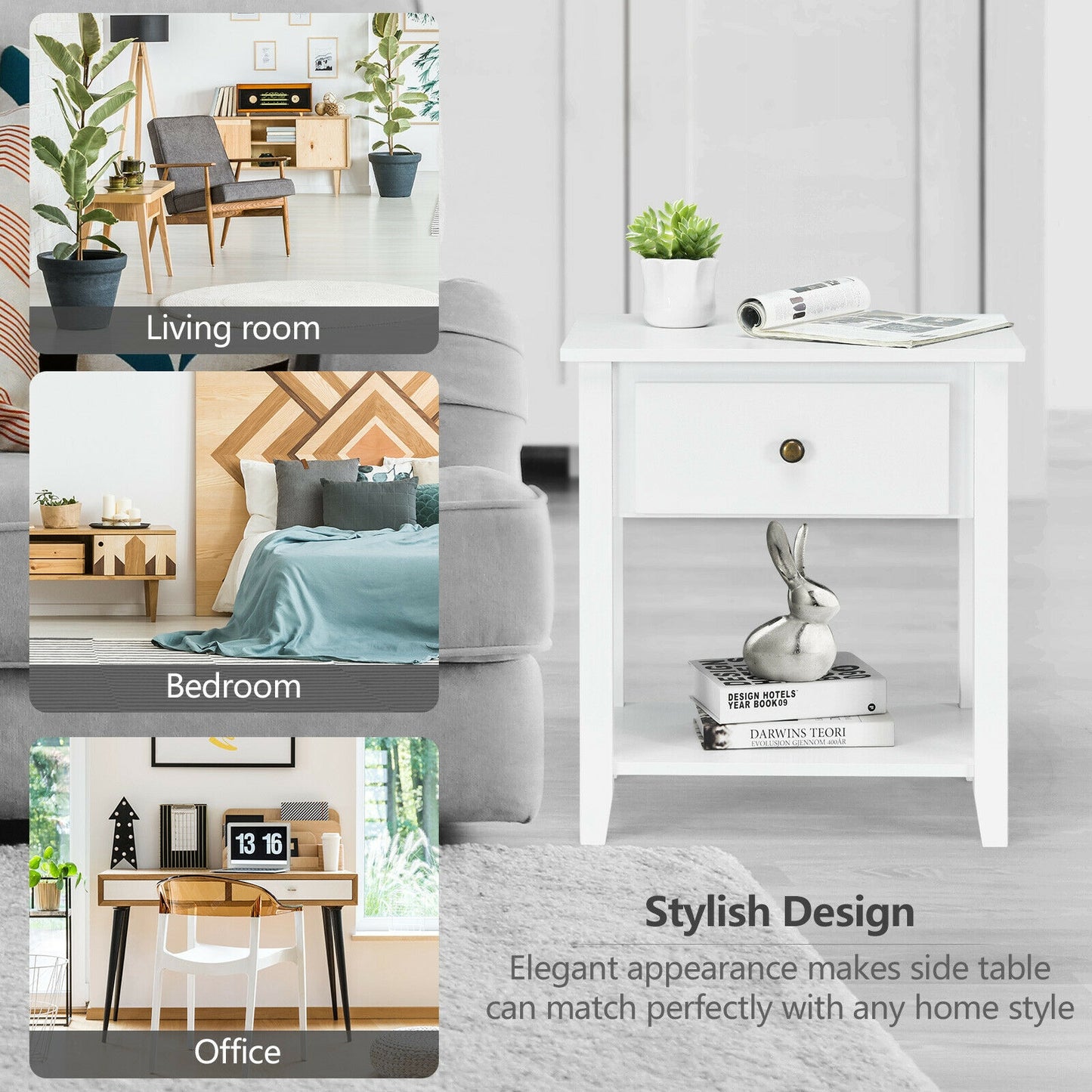 Versatile Bedside Table with Storage Drawer and Display Shelf White